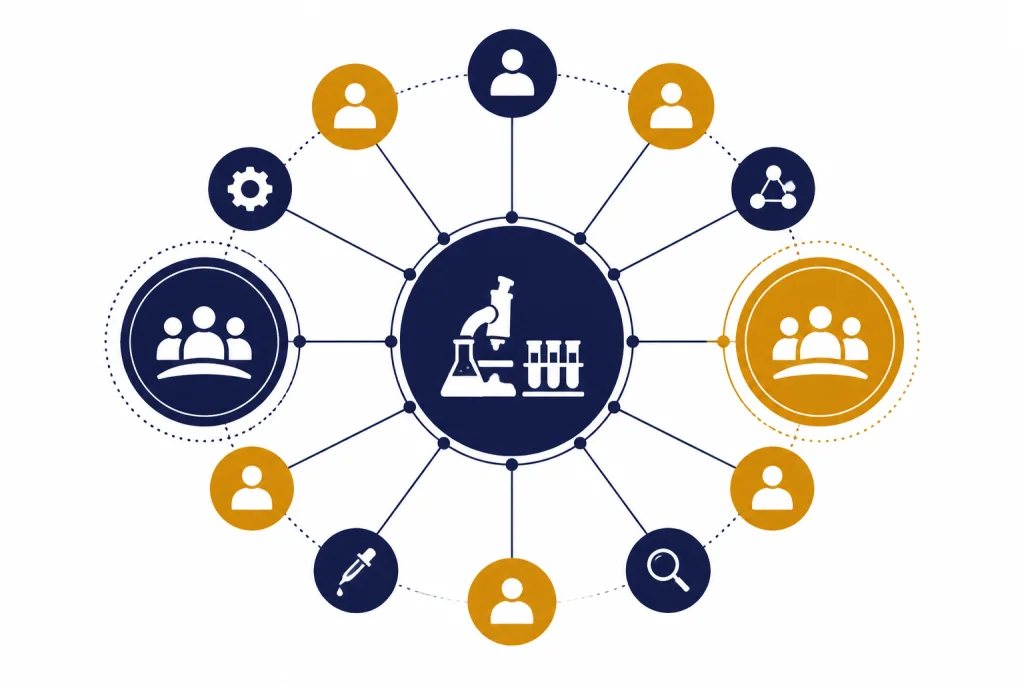 Central lab hub with larger leadership nodes and smaller founder-member nodes around it.