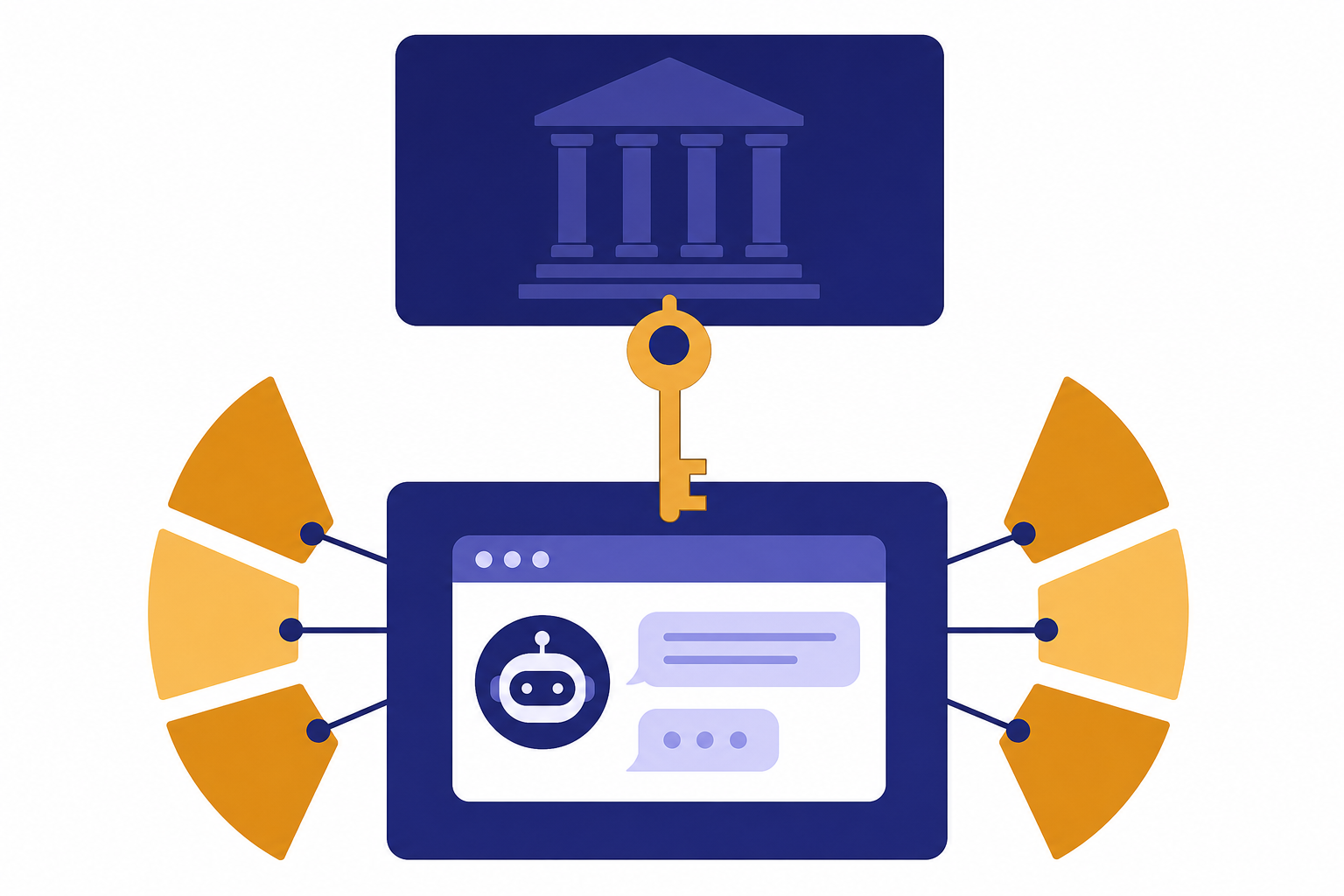 Two-tier ownership stack with a control key above a chatbot window and shareholder wedges