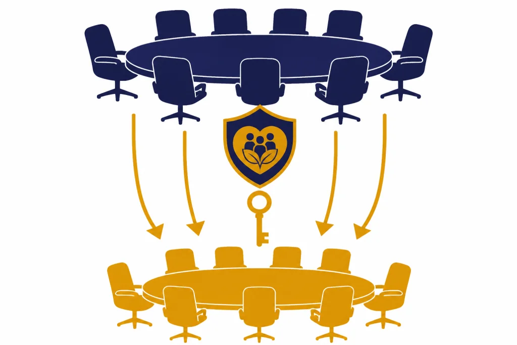 Foundation Control Layer Nonprofit board table with arrows to a PBC board table, plus a mission shield and control key