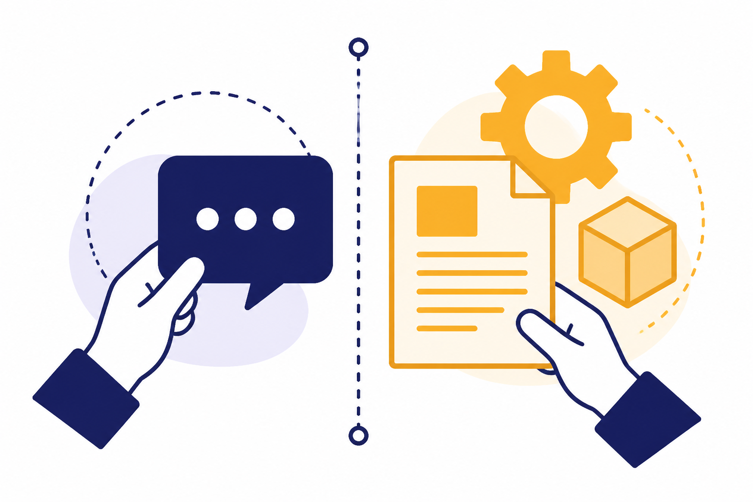 User Content Boundary User hand holding a prompt bubble and output document separated from a service gear and model cube