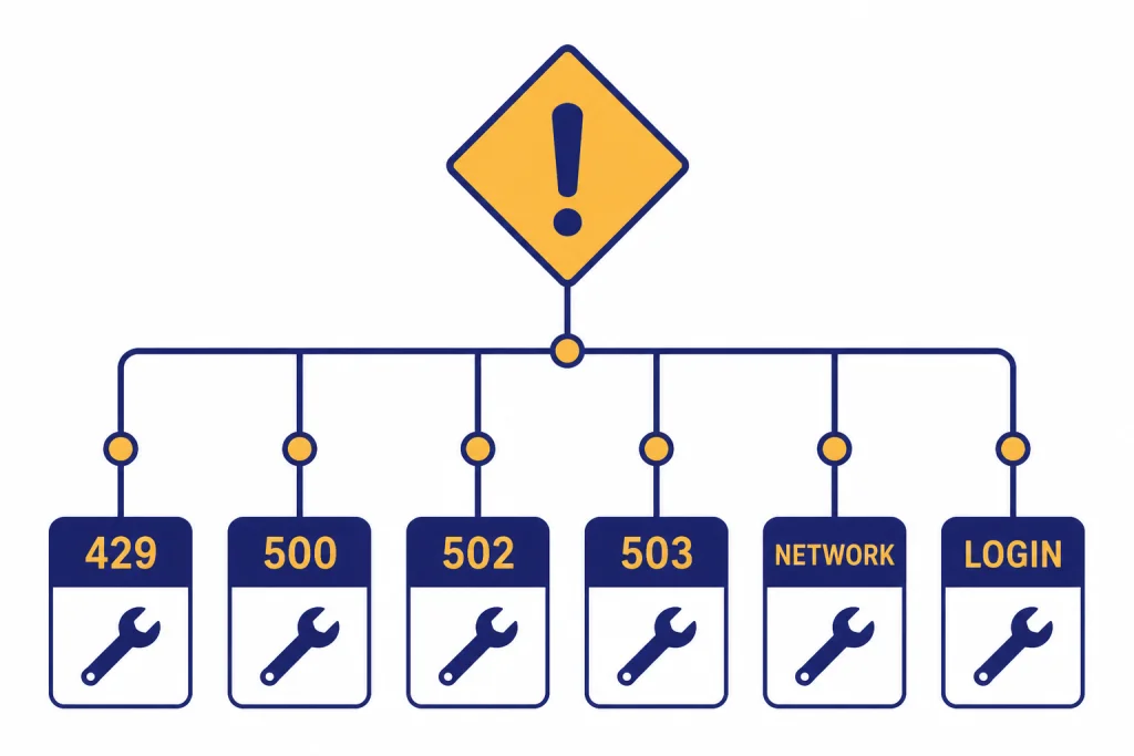 Decision tree with terminal cards labeled 429, 500, 502, 503, NETWORK, and LOGIN.