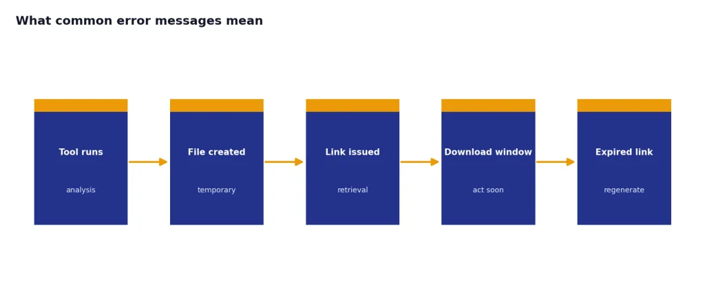 What Common Error Messages Mean Process with 5 stages: Tool runs, File created, Link issued, Download window, Expired link.