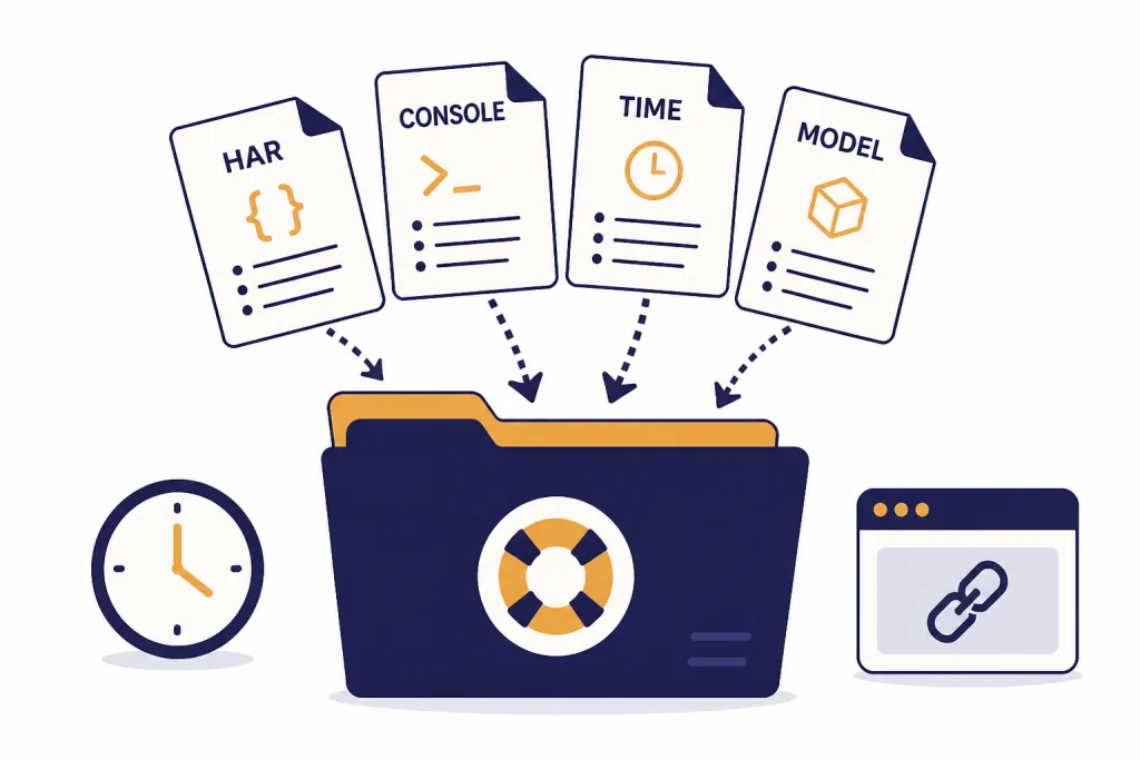Support packet folder with documents labeled HAR, CONSOLE, TIME, and MODEL plus a clock and browser window.