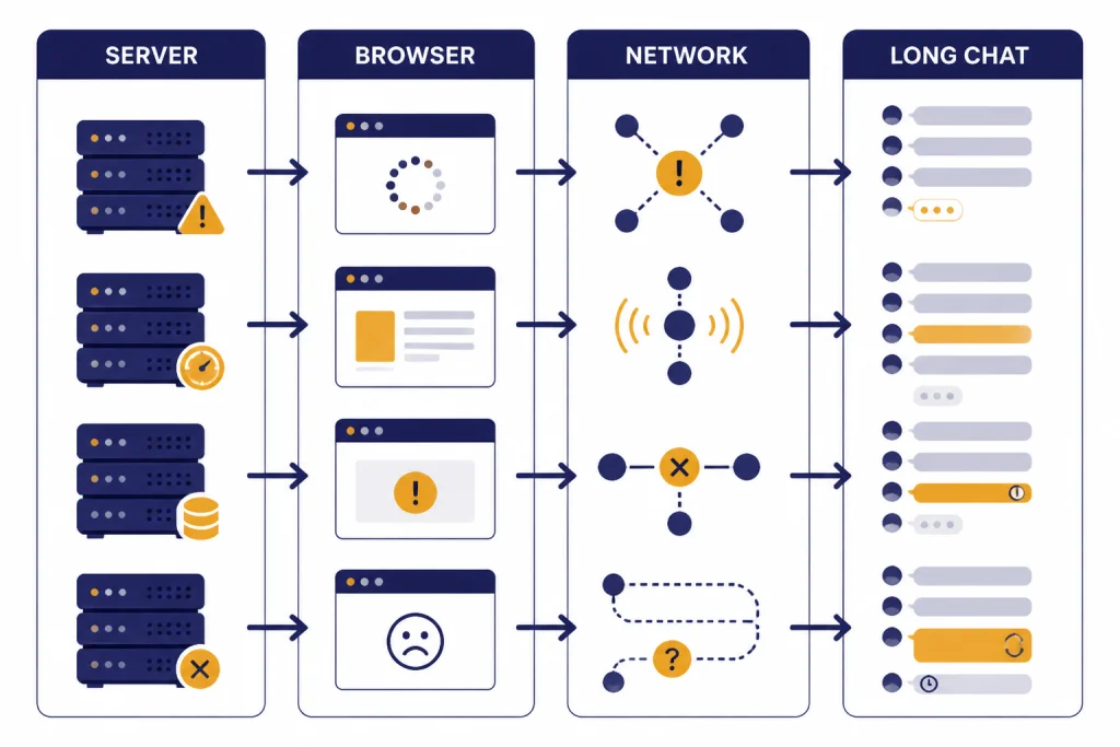 Slowdown Cause Matrix Cause matrix with four columns labeled SERVER, BROWSER, NETWORK, and LONG CHAT.