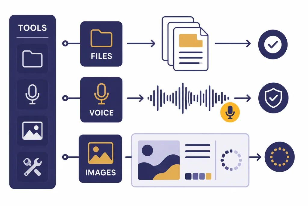 Three workflow lanes labeled FILES, VOICE, and IMAGES with a shared TOOLS label.