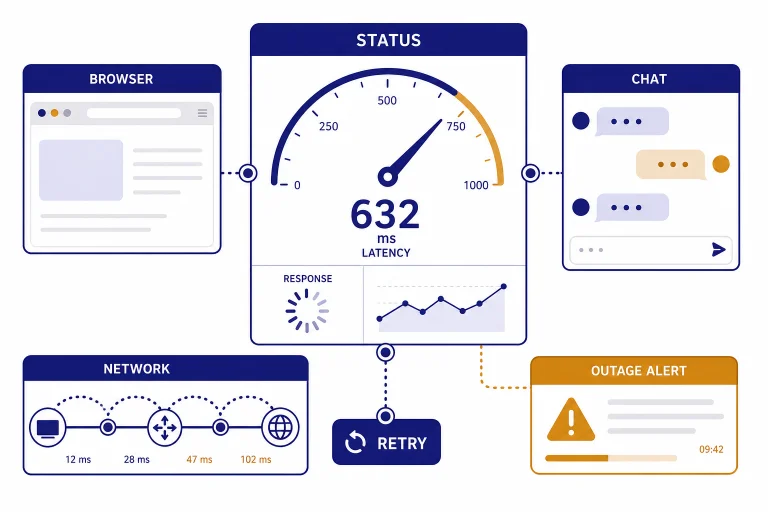 Status dashboard with latency gauge and panels labeled STATUS, BROWSER, NETWORK, CHAT, and RETRY.