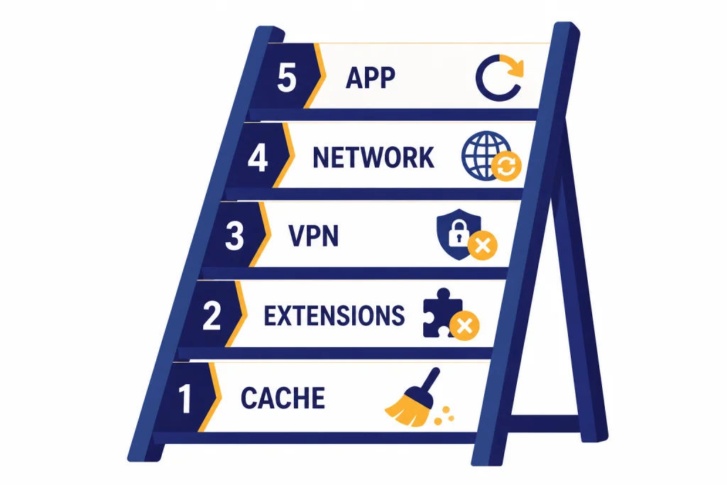 Troubleshooting ladder with rungs labeled CACHE, EXTENSIONS, VPN, NETWORK, and APP.