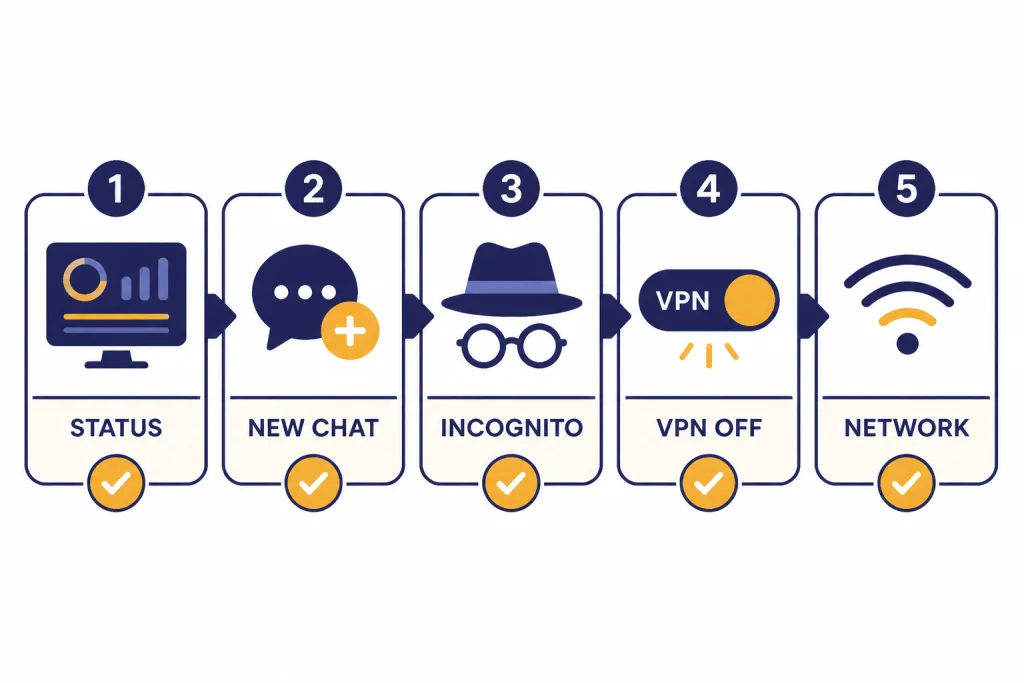 Five Step Speed Check Five connected triage cards labeled STATUS, NEW CHAT, INCOGNITO, VPN OFF, and NETWORK.