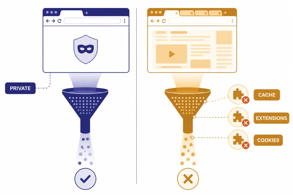 Split browser diagram labeled PRIVATE, CACHE, EXTENSIONS, and COOKIES with a filter funnel.