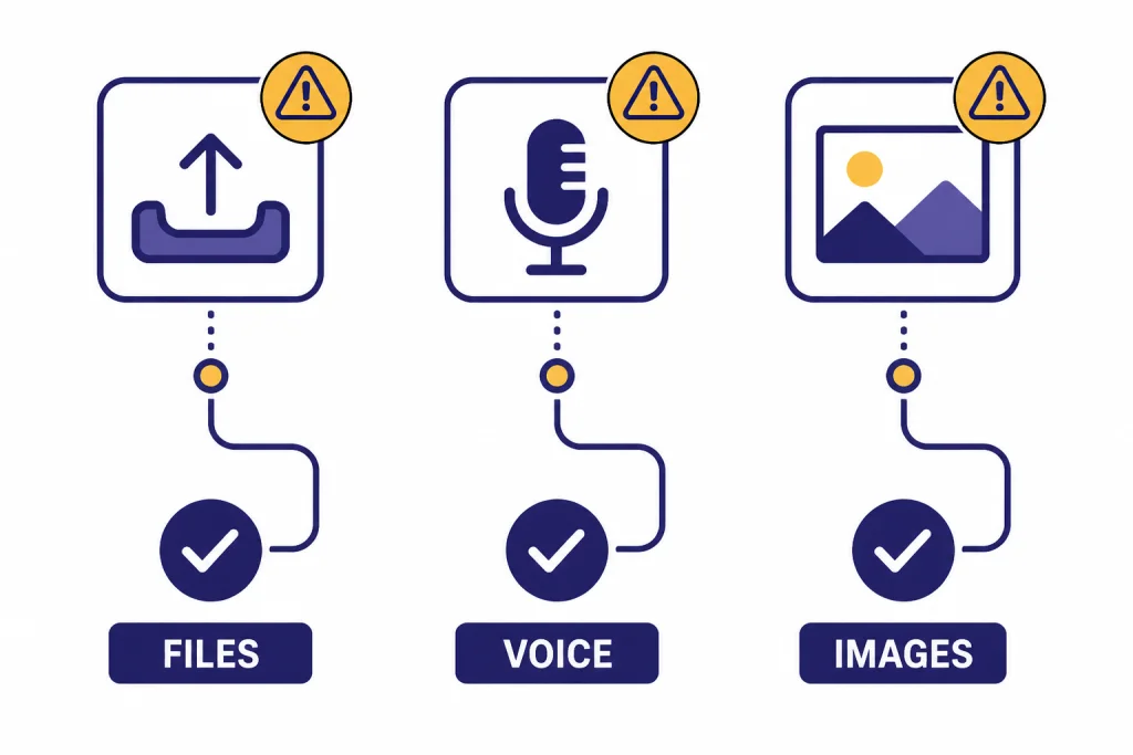 Feature-Specific Fixes Three feature columns labeled FILES, VOICE, and IMAGES with warning badges and checkmark paths.