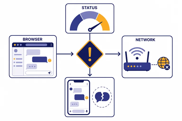 Decision tree with labeled STATUS, BROWSER, and NETWORK cards around a broken chat window.