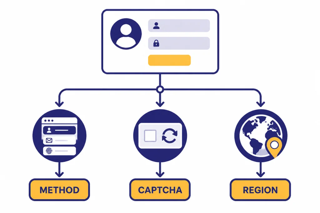 Login Problem Branches Login flowchart labeled LOGIN branching to METHOD, CAPTCHA, and REGION checks.