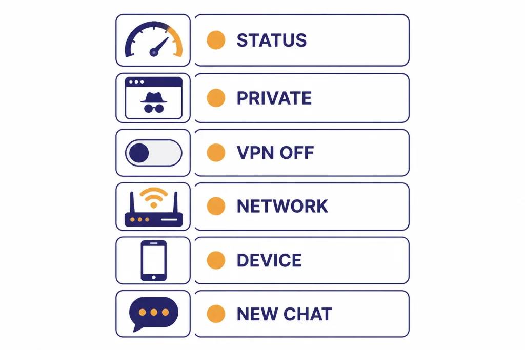 Six-row checklist labeled STATUS, PRIVATE, VPN OFF, NETWORK, DEVICE, and NEW CHAT.