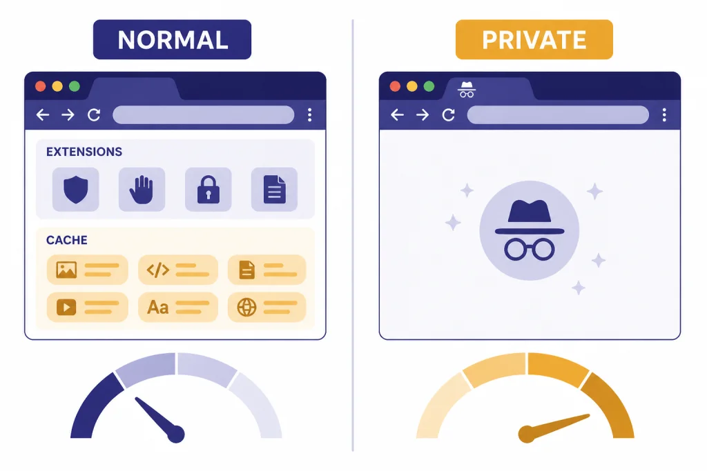 Split browser test labeled NORMAL and PRIVATE, with CACHE and EXTENSIONS on the normal side.