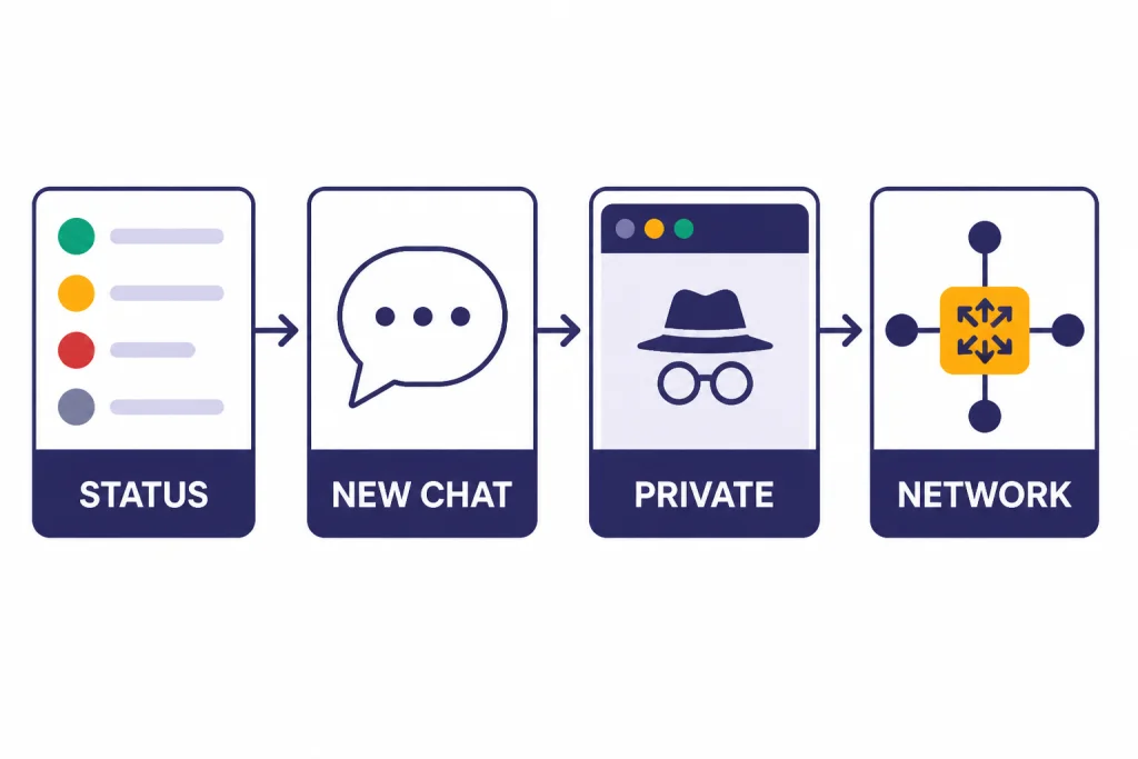 Four-step flowchart labeled STATUS, NEW CHAT, PRIVATE, and NETWORK.