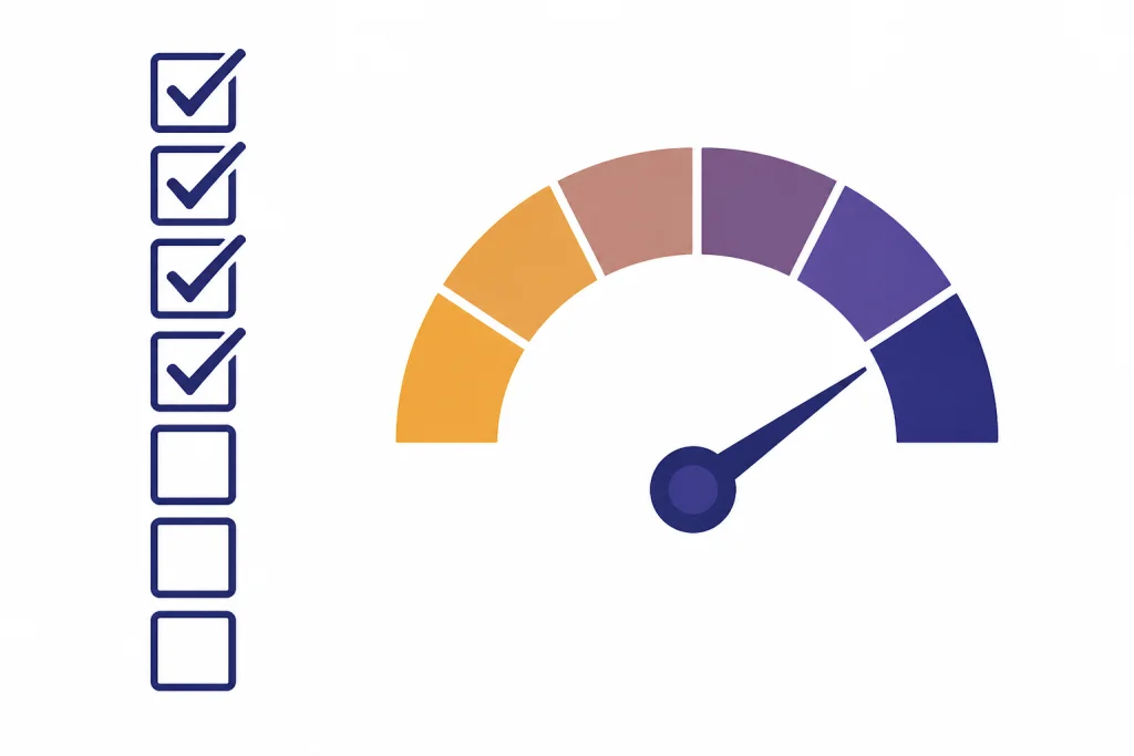 Eight stacked checkboxes beside a speed gauge moving from slow to normal.