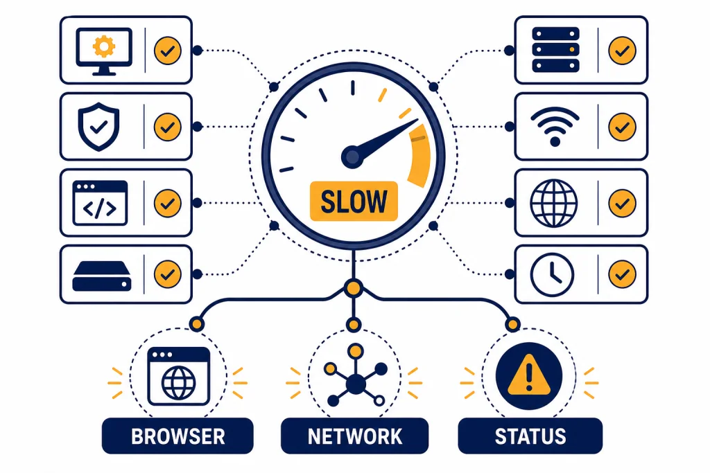 ChatGPT Slow Troubleshooting Dashboard Troubleshooting dashboard with speed gauge and tiles labeled SLOW, STATUS, BROWSER, and NETWORK.