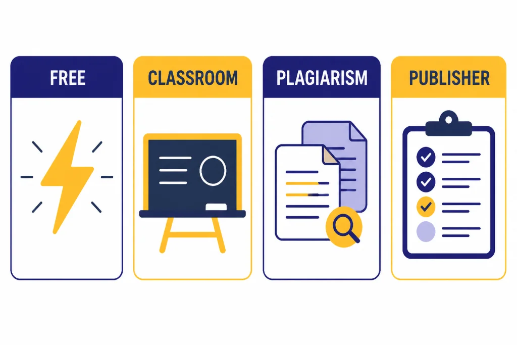 AI Detector Alternatives Four tool cards labeled FREE, CLASSROOM, PLAGIARISM, and PUBLISHER with matching icons.
