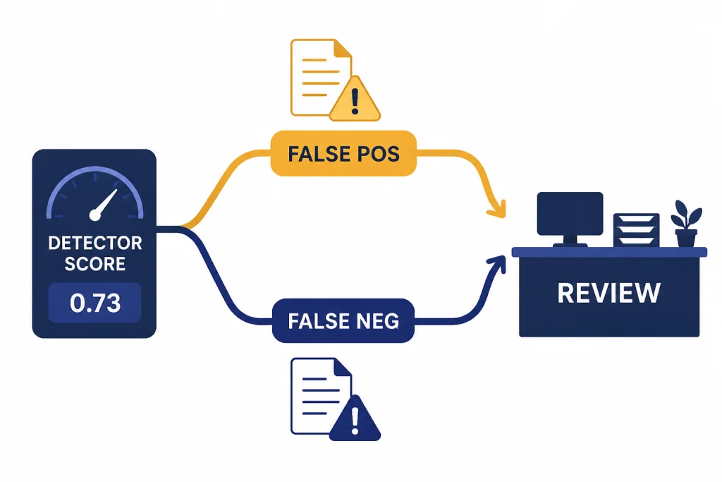 Decision fork with paths labeled FALSE POS and FALSE NEG merging into a REVIEW desk.