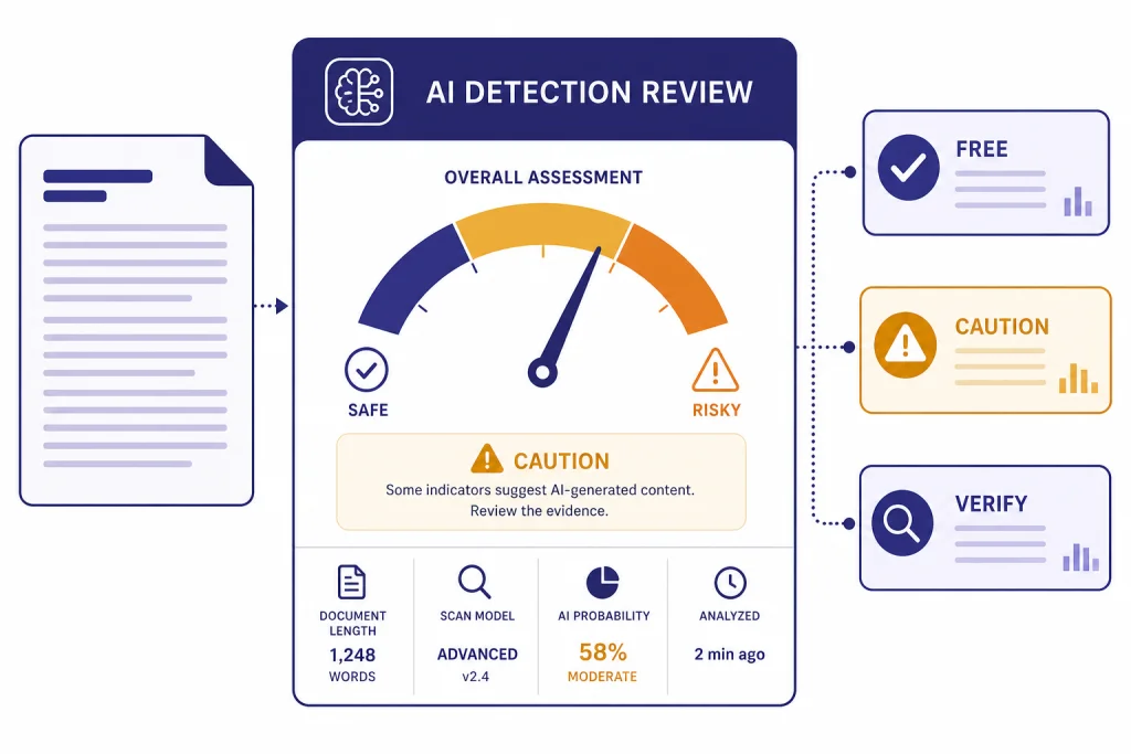 ZeroGPT Review Dashboard AI detection review dashboard with caution gauge and cards labeled FREE, CAUTION, and VERIFY.