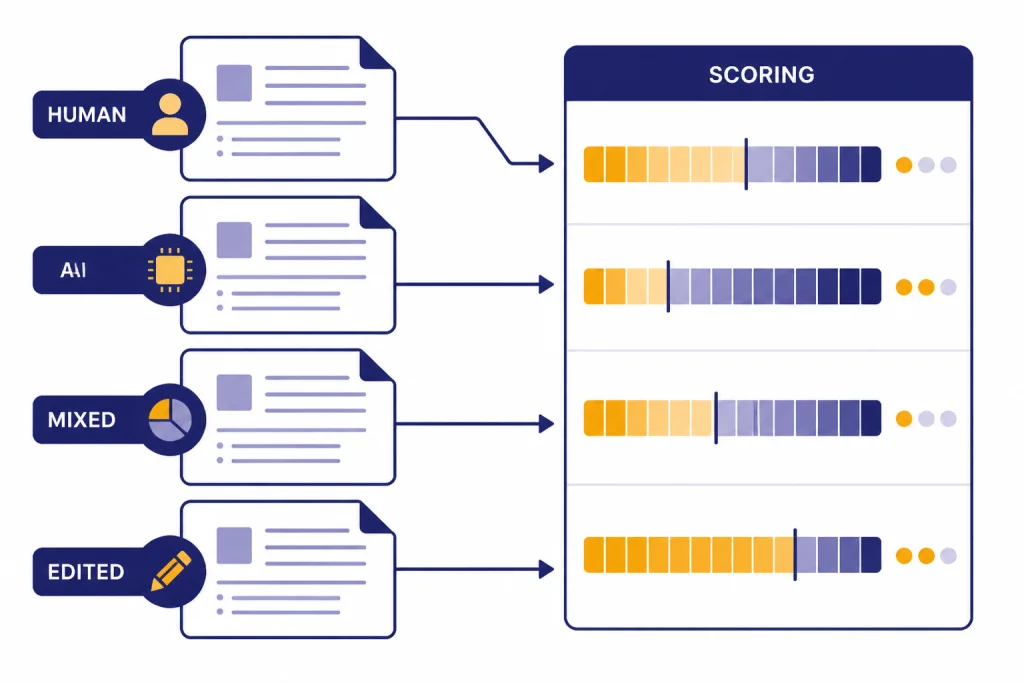 Testing matrix with document cards labeled HUMAN, AI, MIXED, and EDITED feeding into score bars.